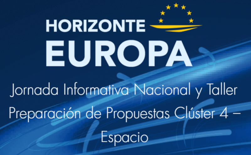 cartel Jornada Informativa y Taller Preparación Propuestas | HE - Clúster 4 aparece una imagen con fondo azul y con toda la información esencial del evento que viene indicada en la noticia en texto blanco