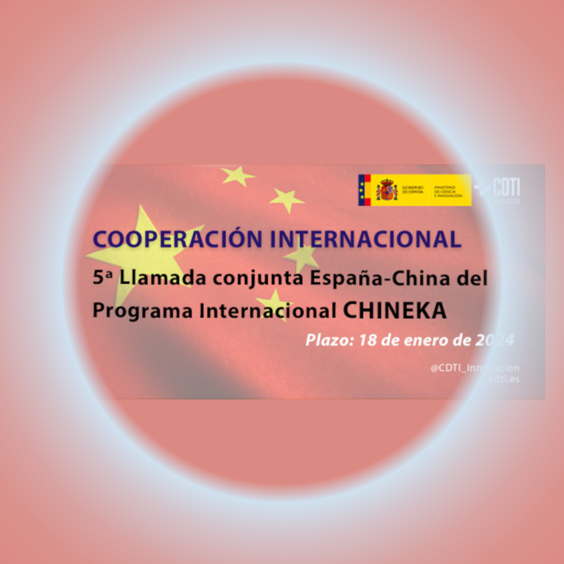 cartel Apertura 5ª Llamada España-China para proyectos bilaterales de I+D aparece una imagen con fondo rojizo y con toda la información esencial del evento que viene indicada en la noticia en texto blanco rodeada de un circulo blanco degradado