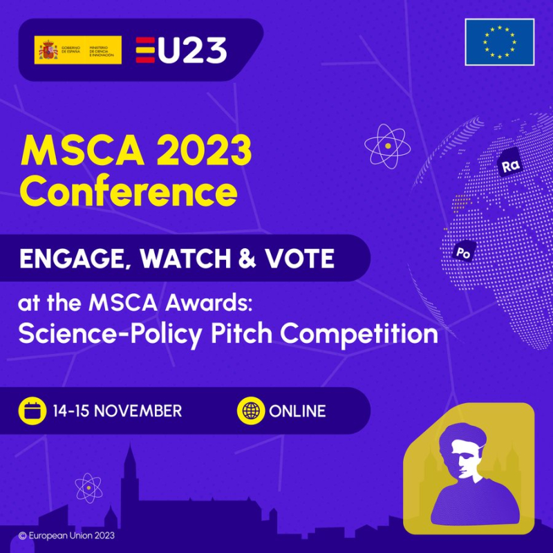 cartel Conferencia MSCA Diverse Careers to tackle Global Challenges | 14 y 15 nov aparece un cartel con fondo morado con los detalles del evento en texto en tonos blancos y amarillos