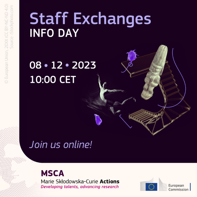 cartel Jornada Informativa | Horizonte Europa | MSCA Staff Exchanges | 8 diciembre aparece una imagen con fondo morado oscuro y las letras con toda la información esencial del evento que viene indicada en la noticia en texto morado claro