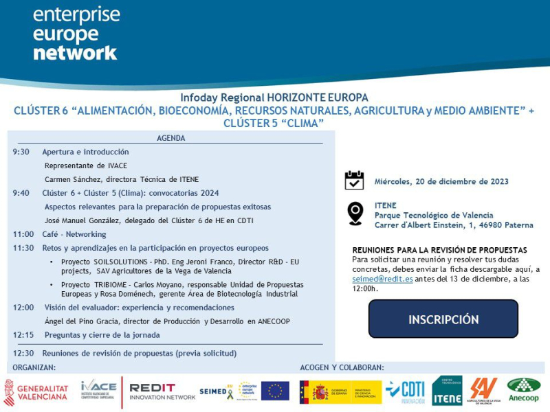 cartel Jornada (Valencia) | Horizonte Europa | Clúster 5 y 6 | 20 diciembre 2023 aparece un cartel blanco con toda la información esencial del evento junto con la agenda