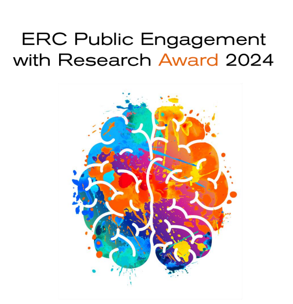 Cartel | Convocatoria Premio ERC al Compromiso Público con la Investigación 2024 aparece una imagen con fondo blanco y un dibujo de un cerebro coloreado en varios colores, además del texto en negro y naranja en la parte superior