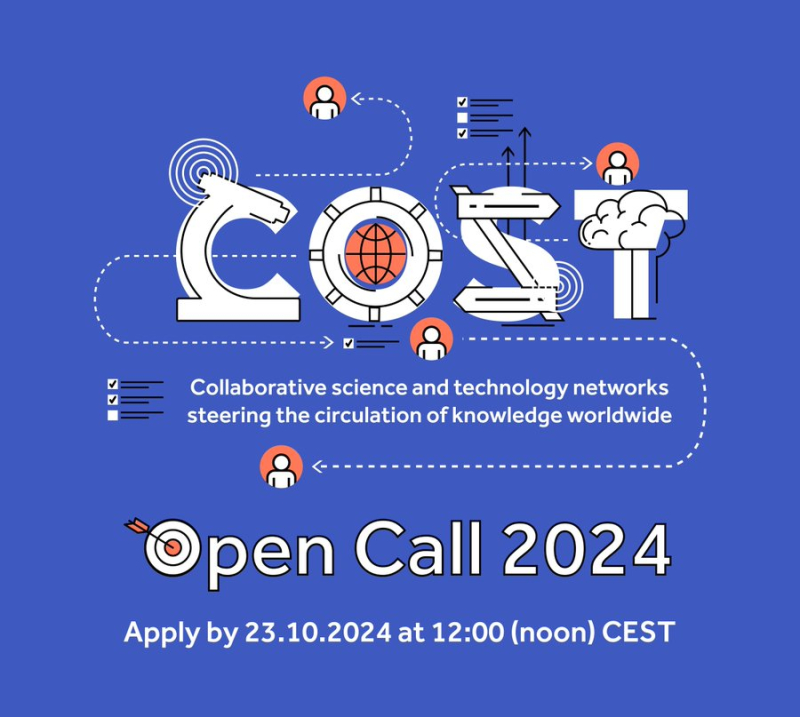 Cartel | Convocatoria Acciones COST 2024 | 23 octubre 2024 aparece una imagen con el cartel oficial de apertura de convocatoria de las acciones COST. En el aparece el nombre de estas acciones y la feche de vencimiento de presentación de solicitudes sobre un fondo azul.