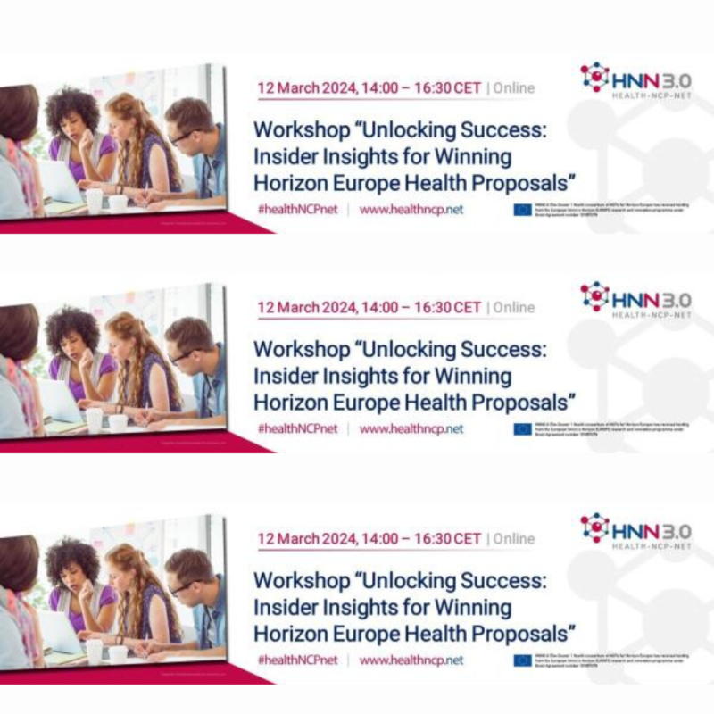 Cartel | Taller | Desbloqueando el éxito: claves para ganar propuestas de salud en Horizonte Europa | 12 marzo 2024 Aparece el cartel del evento. A la izquierda aparece la foto de unas personas trabajando en equipo sobre una mesa con ordenador. A la derecha aparecen los datos básicos del evento.