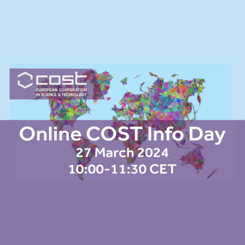 Cartel Jornada informativa | Programa COST | 27 marzo 2024 Aparece el cartel del eventO sobre un fondo en el que aparece el mapa del mundo, los datos básicos de la jornada (título, fecha, y horario))
