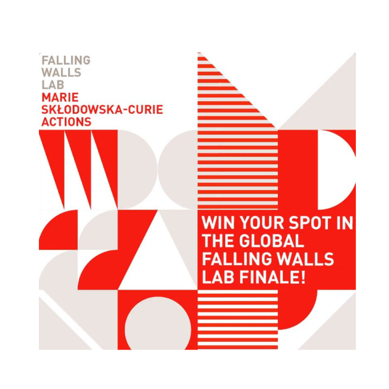 Cartel Premio- Falling Walls Lab MSCA 2024 - 23 febrero Se trata del cartel del premio en un fondo con formas rojas, blancas y grises.