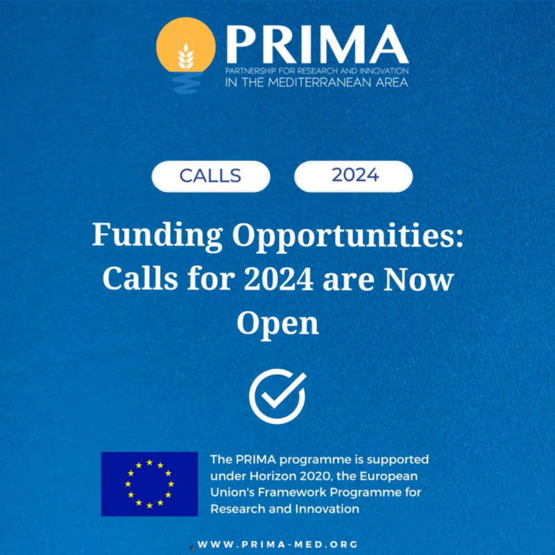 Cartel | Convocatoria PRIMA | 4 abril y 26 septiembre 2024 aparece el cartel de las convocatoria PRIMA abiertas con fondo azul, en el se anuncia la apertura de las convocatorias. Además aparece el logo de PRIMA y el de la UE