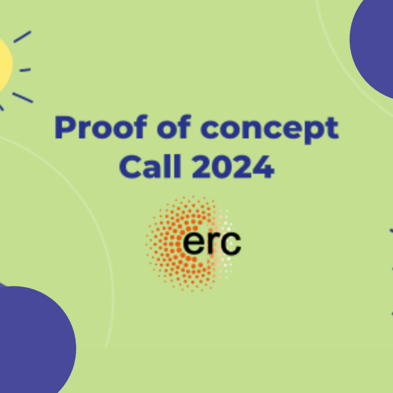 Cartel | Convocatoria | ERC - Proof of Concept Grant 2024 | 14 marzo y 17 sept 24 aparece una imagen con fondo verde y las letras de la convocatoria en azul, además del logo de erc
