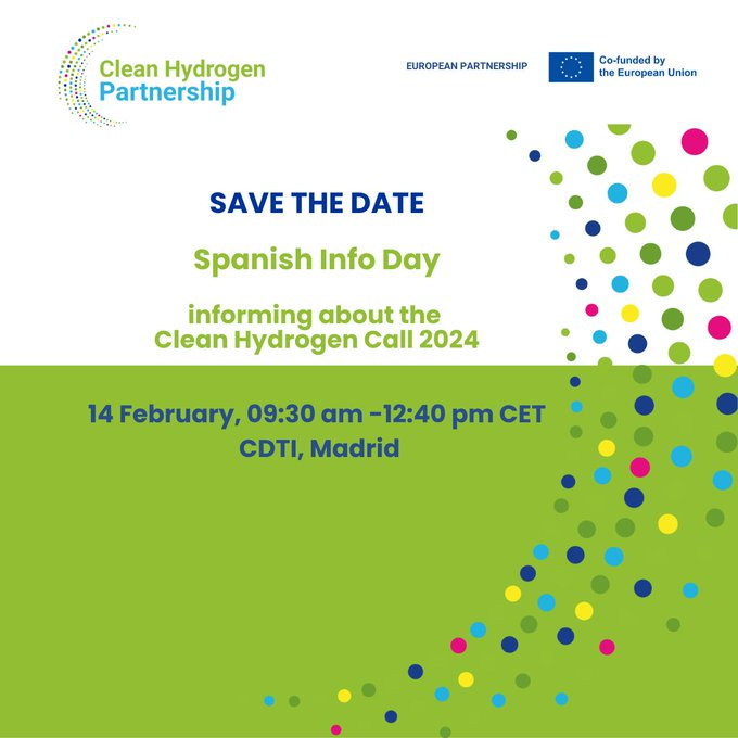 Jornada (Madrid) | HE | “Clean Hydrogen Partnership” | Conv 2024 | 14 feb aparece un cartel dividido en dos colores, la parte de arriba blanca y la parte de abajo verde, con toda la información esencial del evento
