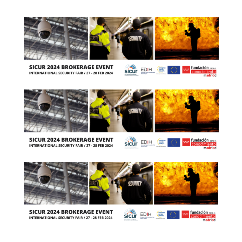 Cartel | Evento Networking SICUR 2024 (Madrid) | Clúster 3: Seguridad civil para Sociedad | 27 y 28 feb 2024 aparece un cartel junto con imágenes relacionadas con la seguridad civil, el texto del evento y los logos correspondientes