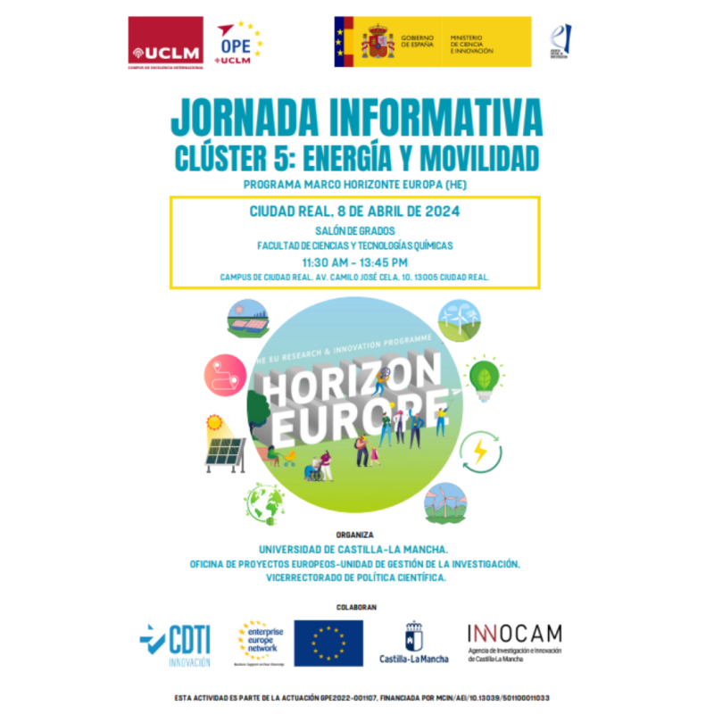 aparece el cartel de la jornada, sobre fondo blanco está la imagen característica de Horizonte Europa junto con otros dibujos relacionados con la energía y la movilidad (por ejemplo placas solares)