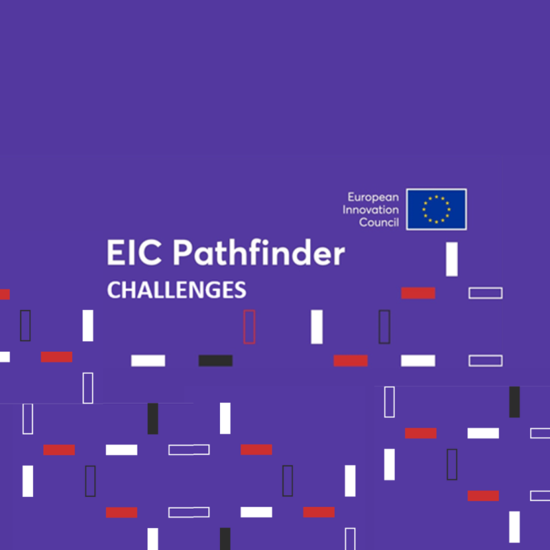 Logo | Convocatoria EIC Pathfinder Challenges | 16 octubre 2024 Aparece una imagen en la que se aprecia el nombre de la convocatoria en blanco sobre un fondo morado junto con el logo de la CE