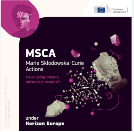 Cartel | Webinario | HE | MSCA Postdoctoral Fellowships: convocatoria 2024 | 7 marzo 2024 aparece el logo de las MSCA-PF sobre un fondo color morado oscuro en el que aparece el nombre de la convocatoria y un dibujo en el que aparecen átomos y fragmentos de una escultura blanca
