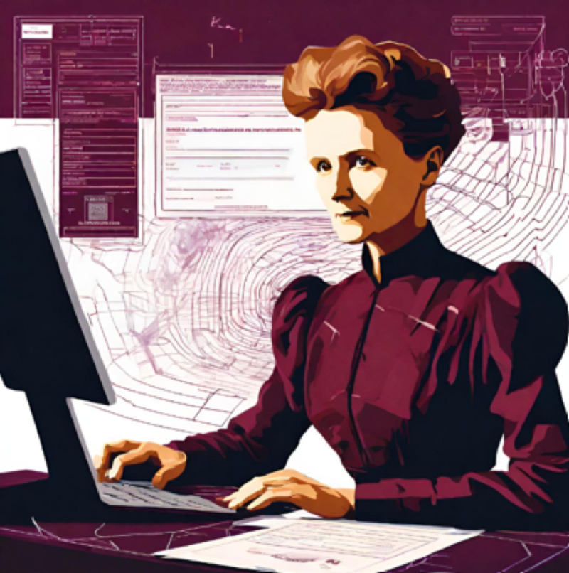 Aparece una imagen de la figura de Marie Curie completando un formulario online en tonos rosáceos morados