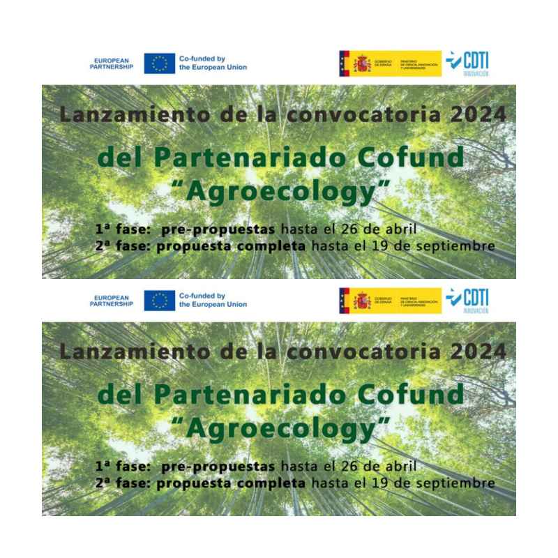 Cartel | 1ª Convocatoria 2024 Partenariado Agroecology | 26 abril y 19 septiembre 2024 Aparece el cartel de la convocatoria en el que se aprecia una foto de unos árboles junto a la información básica de la convocatoria
