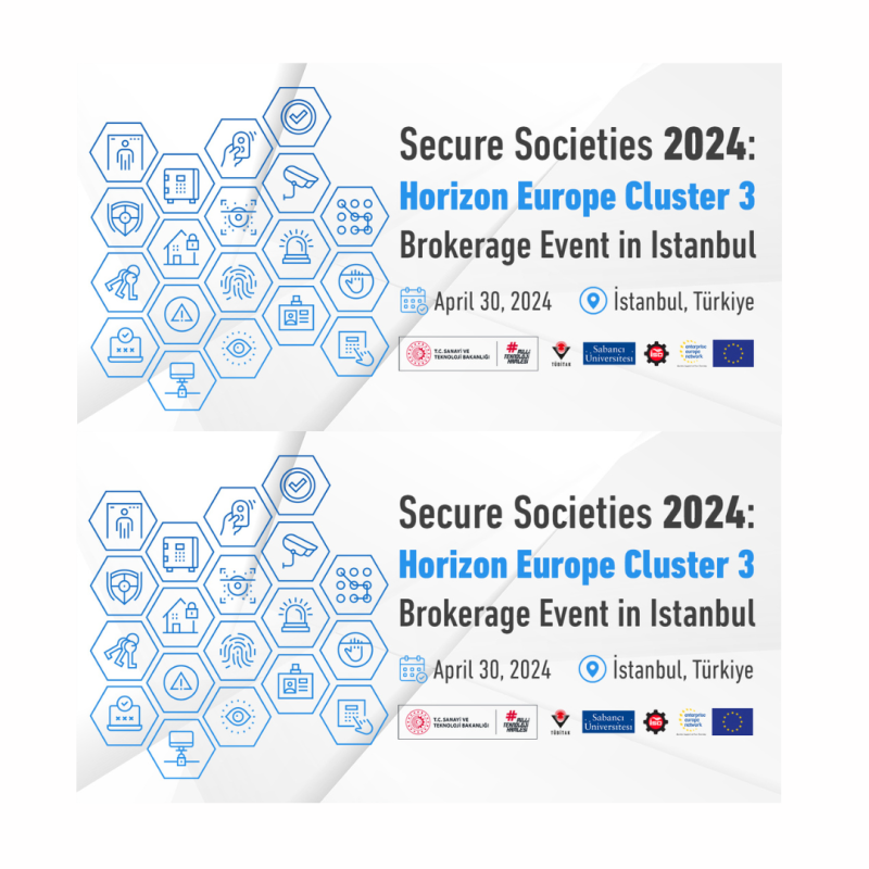 Cartel | Brokerage event (Estambul) | Clúster 3: Seguridad Civil para la Sociedad | 30 abril aparece a la izquierda un dibujo de color azul en el que se ven diversas formas geométricas (hexágonos) en cuyo interior hay dibujos relacionados con la seguridad civil. A la derecha de este dibujo aparecen escritos los datos basicos del evento.
