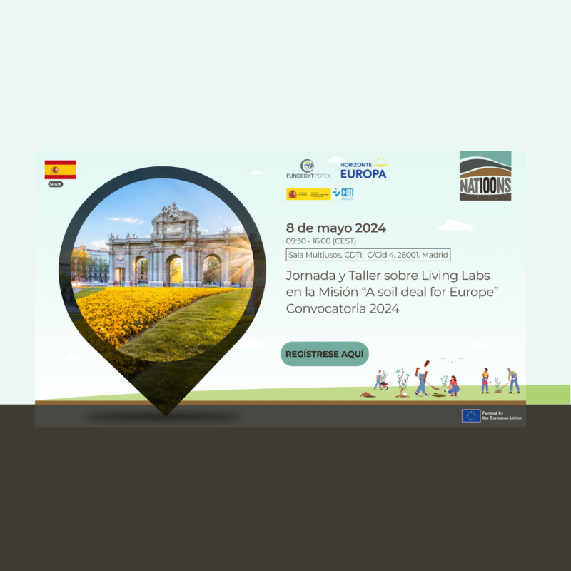 Cartel | Jornada y taller | “Living Labs” | Misión Suelo | Convocatoria 2024 | 8 mayo aparece el cartel del evento sobre un fondo dividido en dos colores que se asemeja un campo. Además, aparece los datos básicos de la jornada