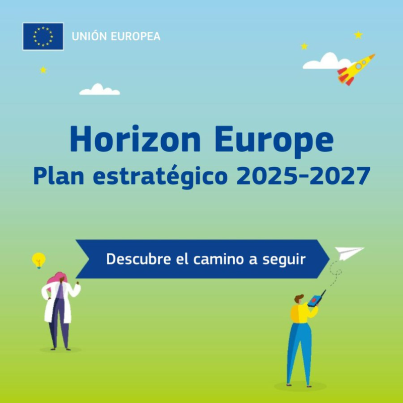 Cartel | Publicación Plan Estratégico del programa Horizonte Europa para el periodo 2025-2027 aparece el cartel del documento en el que se puede apreciar el nombre del mismo en color azul sobre un fondo azul-verdoso, además aparece la figura de dos personas, una de ellas en bata