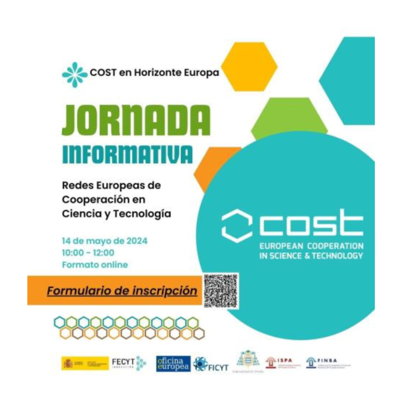 Cartel | Jornada informativa | Programa Cooperación Europea en Ciencia y Tecnología “COST” | 14 mayo 2024 aparece el cartel de la jornada. En él se aprecia a la izquierda de la imagen el texto con los datos básicos de la jornada y a la derecha una serie de formas geométricas de distintos colores (azul, amarillo, verde y naranja), destaca un círculo azul de mayor tamaño en el que aparece el logo de COST en color blanco.