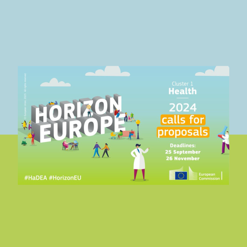 Cartel | Convocatorias 2024 Salud Horizonte Europa Aparece una imagen cuya mitad inferior asemeja un campo verde y la parte inferior un cielo azul con dibujos de nubes. En el centro-izquierda de la imagen aparece en mayúscula escrito !HORIZONTE EUROPA", a la derecha la información básica de la convocatoria. Además hay diversos dibujos que incluyen personas, algunas de ella con bata.