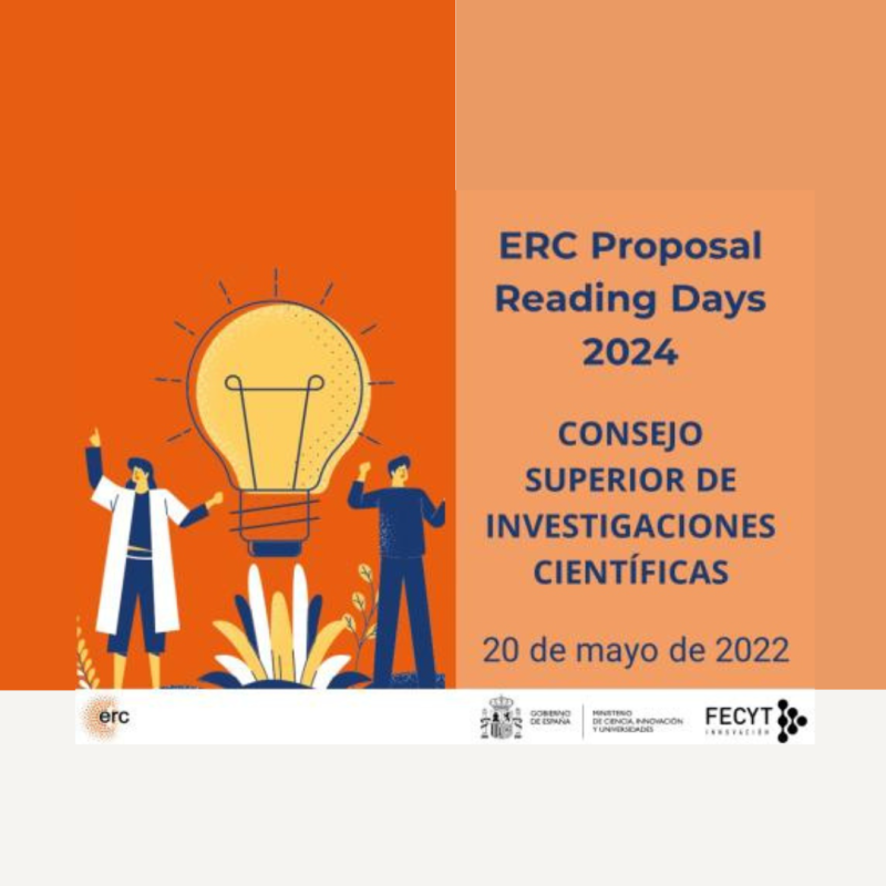 Cartel | Evento (Madrid) | “ERC: Proposal Reading Days 2024” | 20 mayo 2024 aparece el cartel de la jornada en el que se aprecian los datos básicos dela misma junto con un dibujo en el que aparecen 2 personas y una bombilla