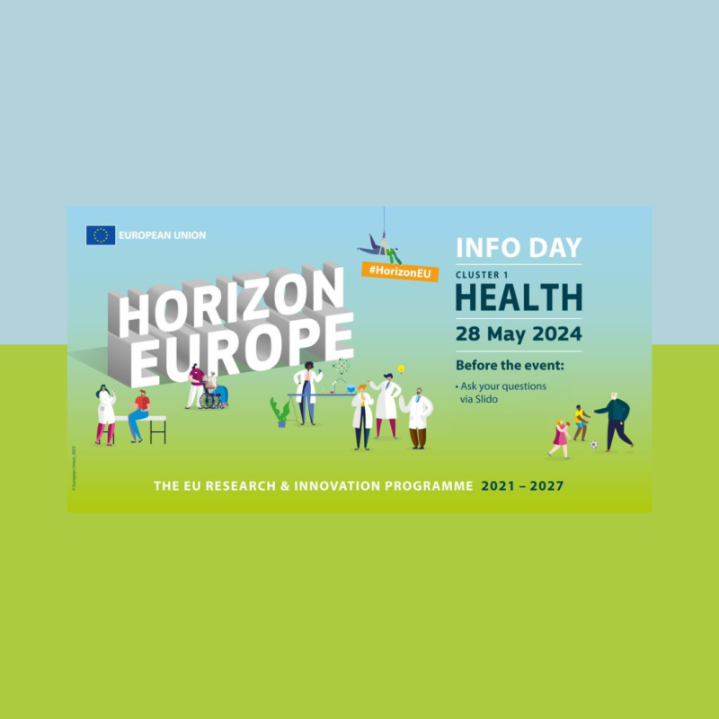 Cartel | Jornada informativa | Horizonte Europa | Clúster 1: Salud | 28 mayo 2024 Aparece el cartel de la jornada en el que se aprecia sobre un fondo mitad azul (parte superior de la imagen) y mitad verde (parte inferior de la imagen), los datos básicos de la jornada. En mayúscula y en grande aparece escrito HORIZONTE EUROPA. Además, en la imagen pueden verse el dibujo de diversas personas, algunas de ellas con bata.
