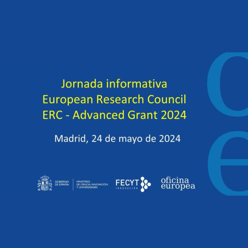 Cartel | Jornada informativa nacional (Madrid) | ERC Advanced Grant 2024 | 24 mayo 2024 aparece el cartel de la jornada en el que se puede apreciar sobre un fondo azul los datos básicos de la misma