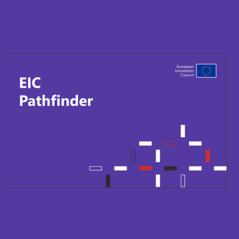 Logo | Jornada informativa (Barcelona) | Oportunidades en Europa Innovadora | 29 mayo 2024 Aparece una imagen con fondo violeta en la que se aprecia escrito en blanco "EIC Pathfinder". Además aparece el logo de la CE y un dibujo con unos rectángulos de diferente color (blancos, rojos y negros)
