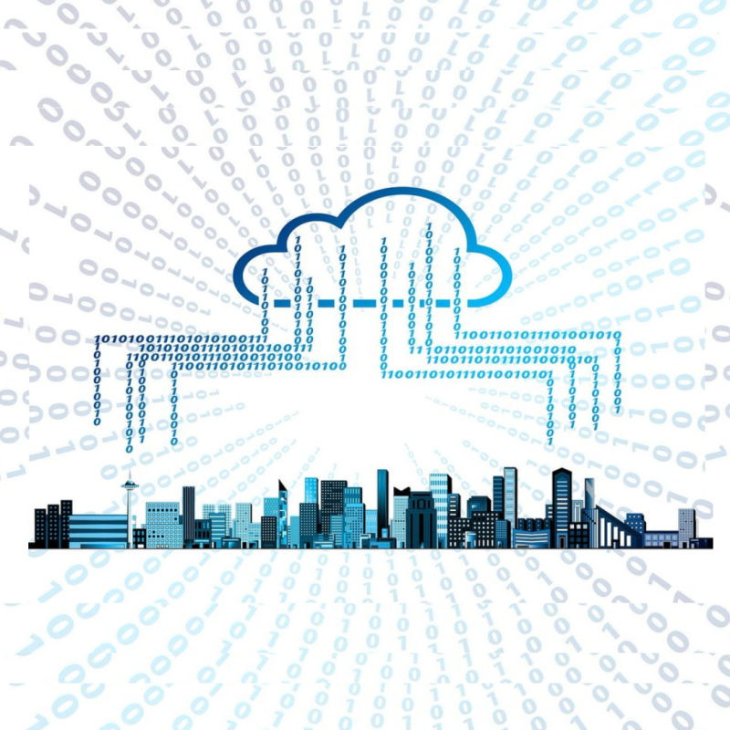 Cartel | Jornada informativa nacional | Nube del Patrimonio Cultural Europeo | Conv 2024 | 26 junio 2024 Aparece una imagen que muestra una ciudad moderna con rascacielos en la parte inferior y una nube azul arriba, representando el almacenamiento en la nube. Desde la nube, líneas de código binario descienden hacia la ciudad, simbolizando el flujo de datos. El fondo está lleno de números binarios en tonos de azul, creando un efecto de conexión y transmisión de información entre la nube y la ciudad.