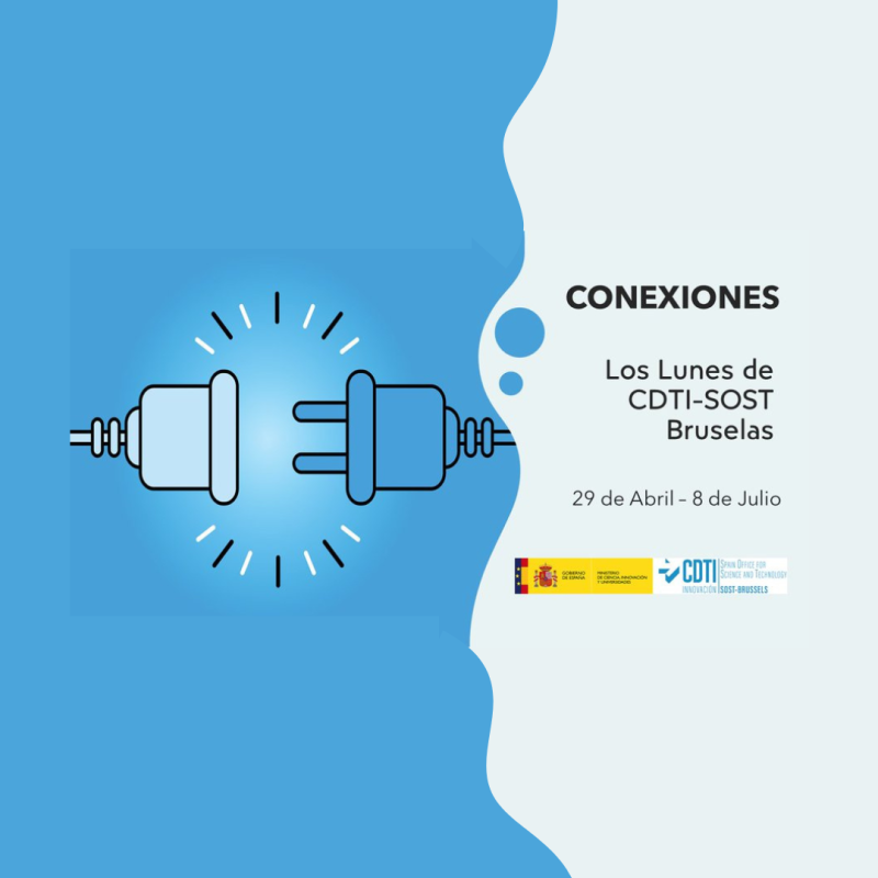 Cartel | 2ª Sesión informativa | 3ª Temporada Los Lunes de CDTI-SOST Bruselas | Industria | 10 junio 2024 Aparece un cartel en el que se puede apreciar a la izquierda sobre fondo azul un dibujo de un cable y un enchufe, y a la derecha sobre fondo blanco, los datos del evento que se va a celebrar