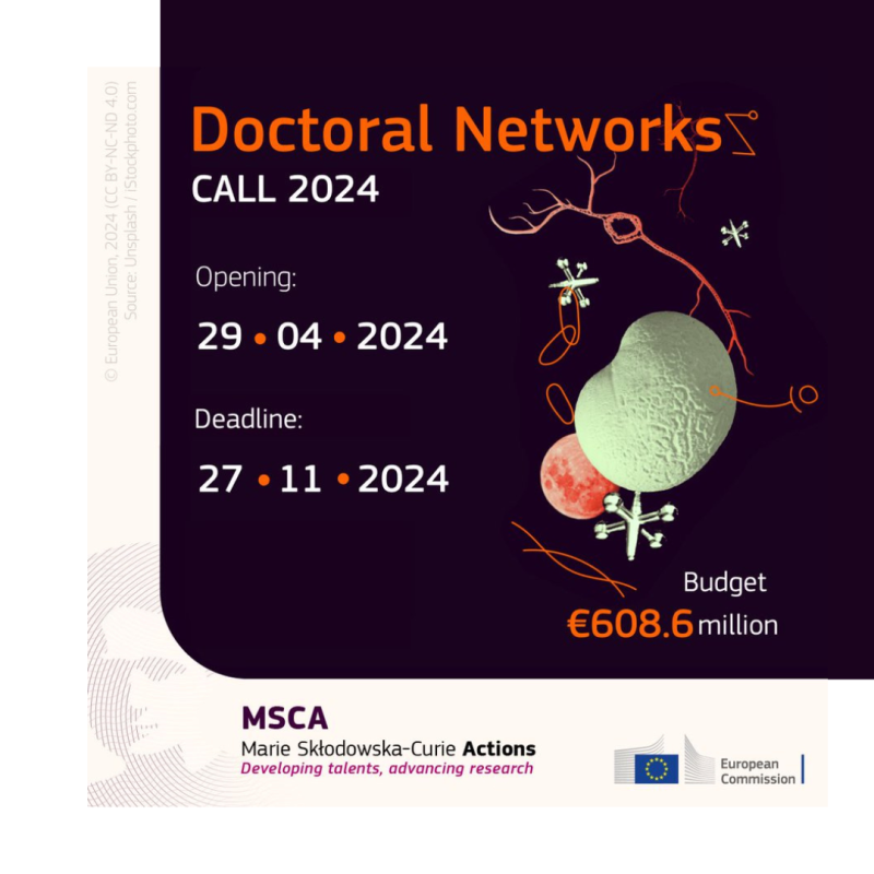 Cartel | Convocatoria MSCA Doctoral Networks 2024 | 27 noviembre 2024 Aparece el cartel de la jornada, en el que se aprecia sobre un fondo oscuro los datos básicos de la jornada. A la derecha del texto aparecen varios dibujos entre los cuales se distingue una neurona.