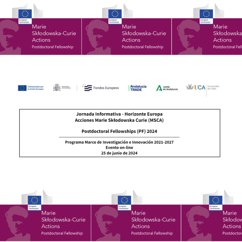 Cartel | Jornada informativa | HE | Acciones MSCA | Postdoctoral Fellowships 2024 | 25 junio 2024 Aparece una imagen en la que se ve en el centro los datos básicos de la jornada sobre un fondo blanco. Además en el extremo inferior y superior de la imagen aparecen diferentes imágenes repetidas de Marie Curie con el logo de la Comisión Europea.