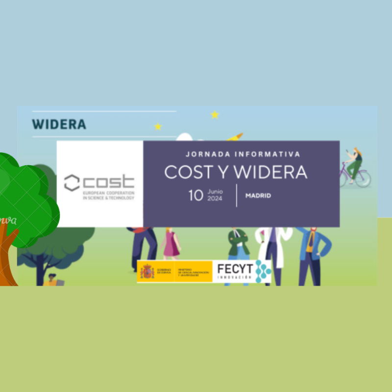 Cartel | Jornada informativa nacional (Madrid) | Programas COST y WIDERA | 10 junio 2024 Se trata del cartel de la jornada. En el aparece sobre un fondo en el que aparece un campo verde con árboles y diferentes personas, un cuadro morado con la información basica de la jornada