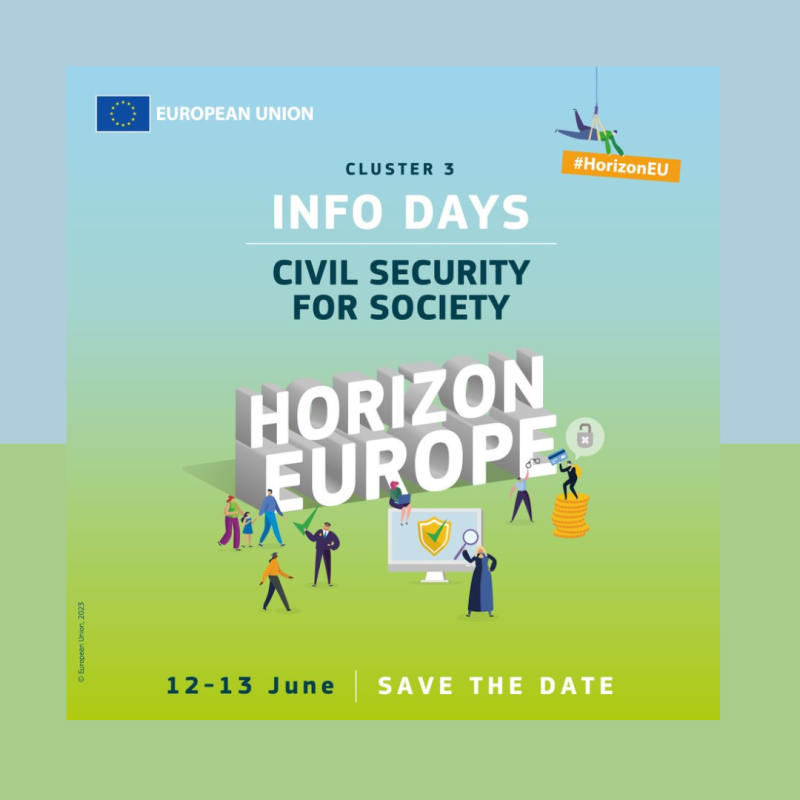 aparece el cartel del evento, en el que el fondo está dividido en dos mitades. La superior es azul asemejando el cielo y la otra mitad es verde asemejando a un campo. Además, aparece el logo en grande y mayúscula de HORIZONTE EUROPA junto con la información básica de la jornada y los dibujos de un par de personas paseando o trabajando
