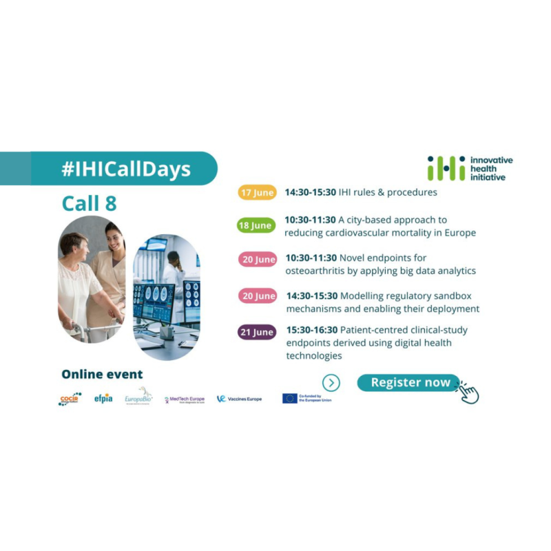 Cartel | Jornadas informativas | Convocatoria Innovative Health Iniciative (IHI) | 17-21 junio 2024 Aparece el cartel del evento sobre un fondo blanco, en el que se puede apreciar el título de las sesiones, un resumen de la agente y el logo de la IHI