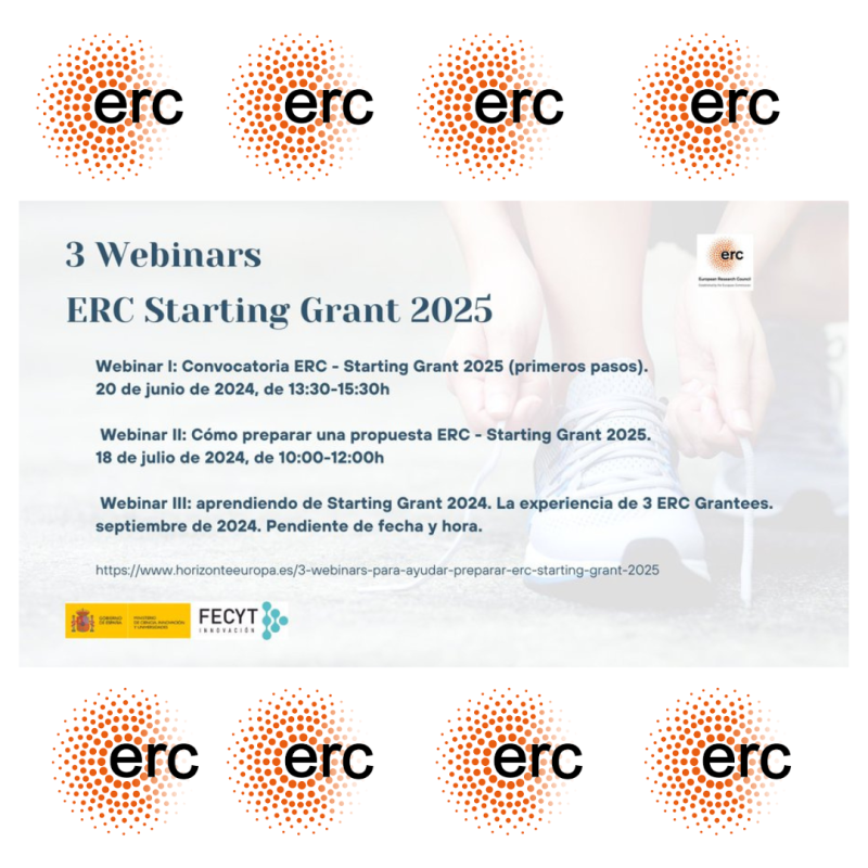 Cartel | Webinarios | Preparación ERC Starting Grant 2025 | 20 junio, 18 julio y septiembre 2024 Aparece el cartel de las jornadas, en el que se aprecia sobre un fondo claro en el que aparece de forma difuminada una persona agachada preparándose para una carrera, los datos básicos de las 3 jornadas y el logo del ERC