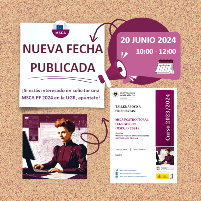 Cartel | Taller apoyo propuestas | MSCA Postdoctoral Fellowships 2024 (MSCA PF 2024) | 20 junio 2024 aparece un cartel con varias imágenes simulando un cartel de noticias de corcho anunciando que el taller se pospone