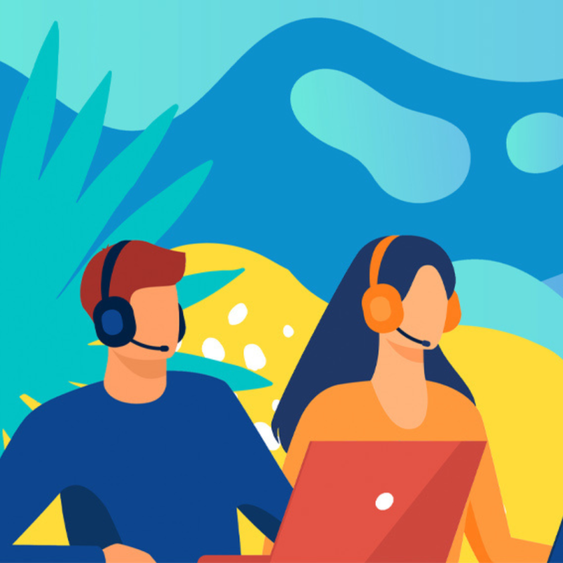 Cartel | Plan de Atención al Usuario | Verano 2024 | OFPI-UGR Aparece una imagen con dos personas con ordenador y teléfono. El fondo aparece en tonos azulados y aparecen frutas tropicales