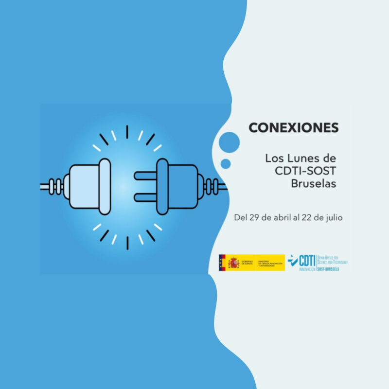 Cartel | 3ª Temporada | Los Lunes de CDTI-SOST Bruselas | Sesión 7: “Clúster 1: Salud” | 15 julio Aparece un cartel en el que se puede apreciar a la izquierda sobre fondo azul un dibujo de un cable y un enchufe, y a la derecha sobre fondo blanco, los datos del evento que se va a celebrar