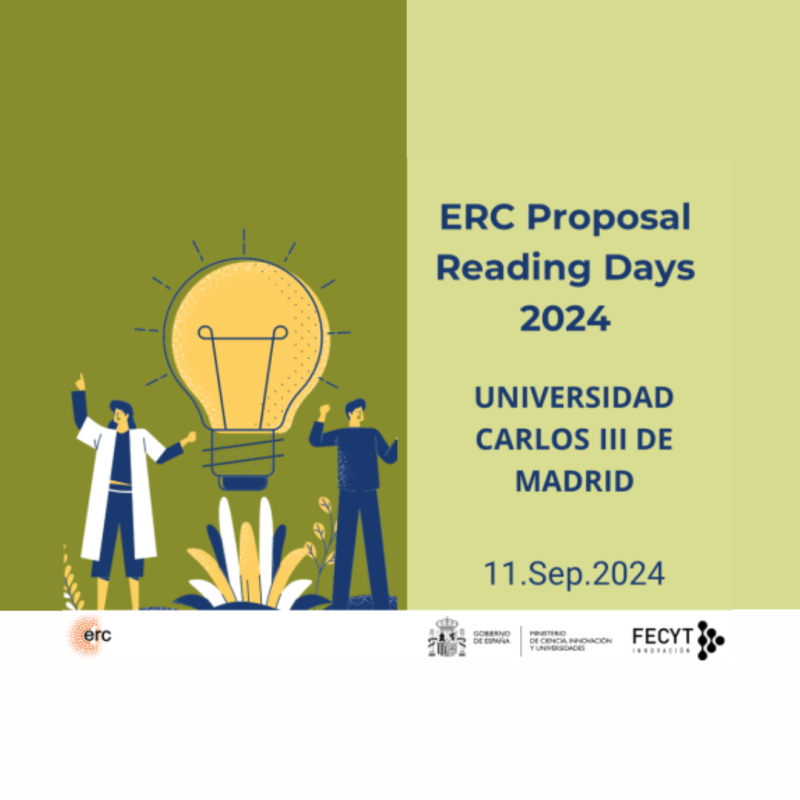 Cartel | Evento (Madrid) | “ERC: Proposal Reading Days 2024” | 11septiembre 2024 Aparece el cartel de la jornada en el que se aprecian los datos básicos de la misma junto con un dibujo en el que aparecen 2 personas y una bombilla