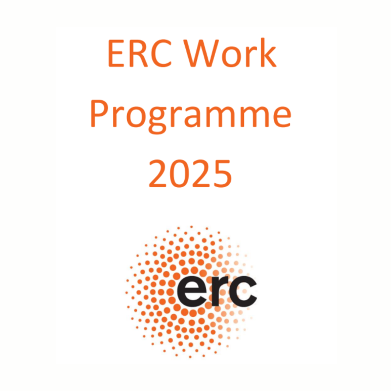 Cartel | Programa de Trabajo European Research Council (ERC) 2025 Se trata de la portada del Programa de Trabajo ERC 2025. Aparece el título de este documento con letras naranjas sobre un fondo blanco junto con el logo del ERC.