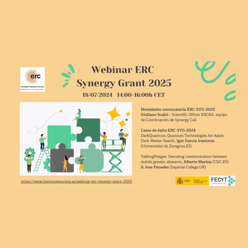 Cartel | Webinario | Horizonte Europa | ERC-Synergy Grant 2025 | 18 julio Aparece el cartel de la jornada en el que se ve sobre un fondo naranja claro: a la derecha la agenda resumida de la jornada, a la izquierda un dibujo de un puzle que están intentando resolver de forma colaborativa diferentes personas.