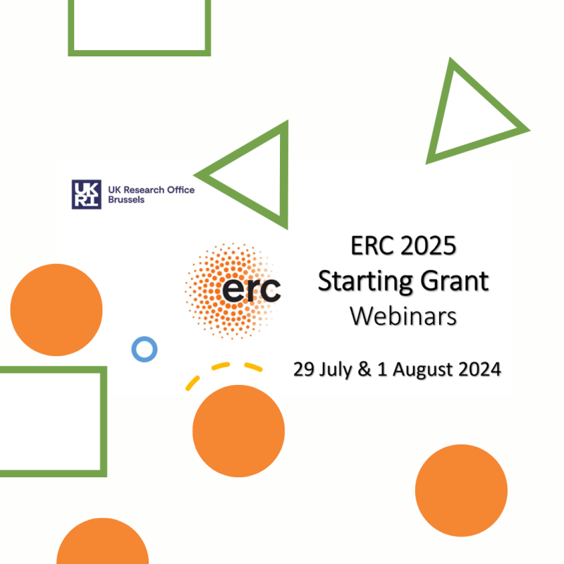 Cartel | Webinarios | ERC Starting Grant | 29 julio y 1 agosto 2024 Aparece una imagen sobre un fondo blanco en la que aparecen los datos básicos de las jornadas, además aparecen diferentes formas geometricas de colores como triángulos, círculos y cuadrados