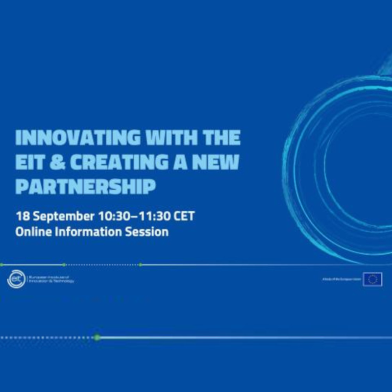 Cartel | Webinario | Innovar con el EIT y crear un partenariado” | 18 sept 2024 Aparece una imagen con fondo azul y con toda la información esencial del evento que viene indicada en la noticia en texto blanco