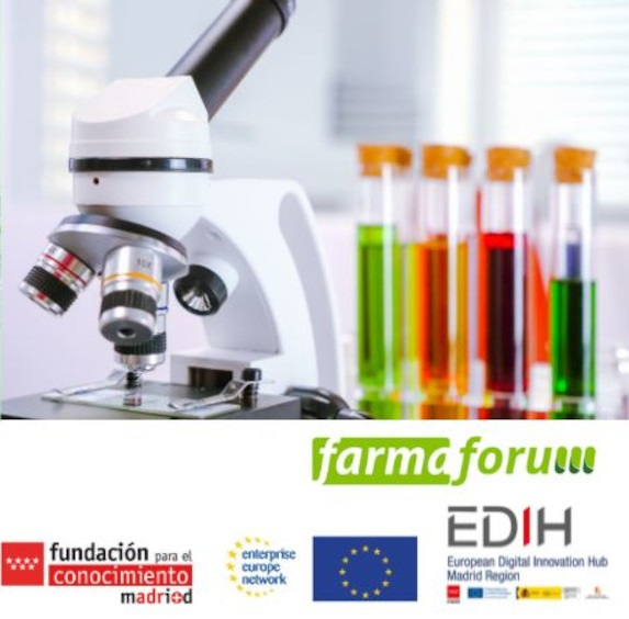 Cartel | Evento búsqueda de socios | 10ª edición - Farmaforum 2024 | 26 sept 2024 Aparece una imagen en la que aparece un microscopio con los logos de los organizadores del evento abajo