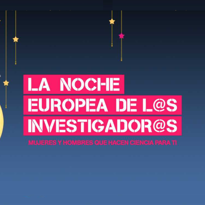 Cartel European Researchers Night 2024 Aparece una imagen con el nombre del evento en blanco sobre fondo rosa