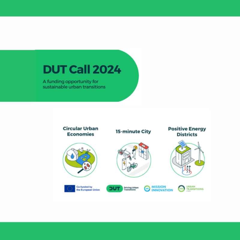 Cartel | Convocatoria 2024 “Driving Urban Transitions” | 14 noviembre 2024 (pre-propuesta) Aparece una imagen con fondo blanco en el que se aprecia sobre un cuadro azul-verdoso el nombre de la convocatoria. Mas abajo aparecen 3 dibujos para representar cada uno de los 3 TP principales