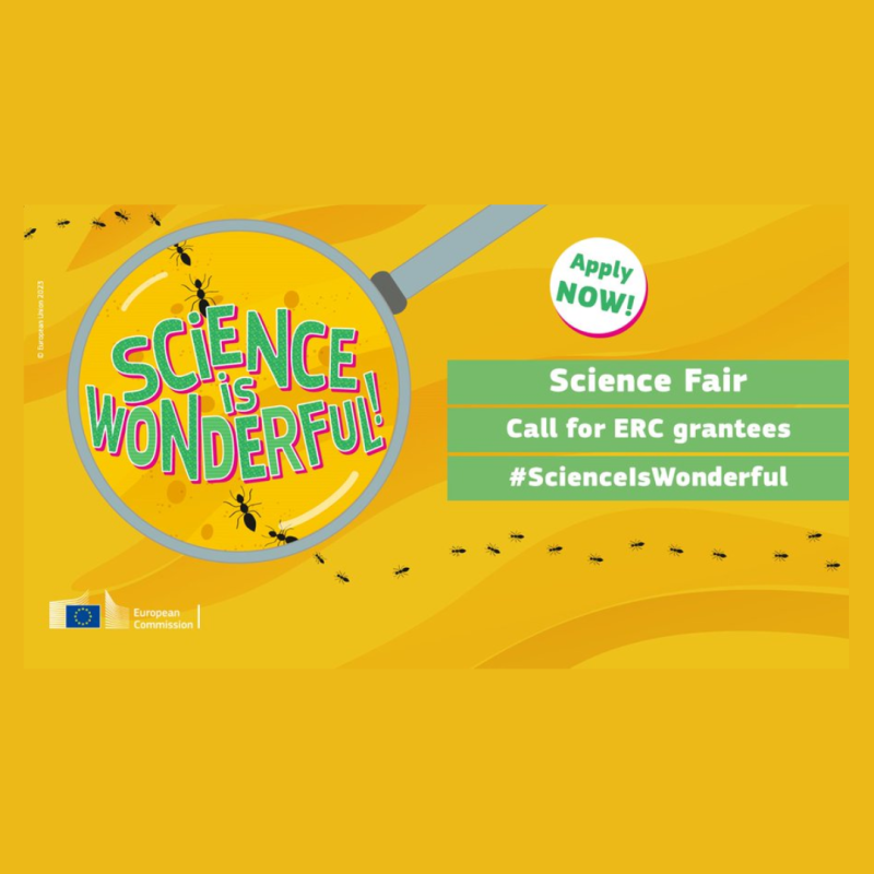 Cartel | Convocatoria evento “Science is Wonderful! “ 2025 para proyectos ERC | 16 octubre 2024 Aparece el cartel del evento sobre un fondo amarillo en el que se aprecian los datos básicos del evento. El título aparece bajo el dibujo de una lupa
