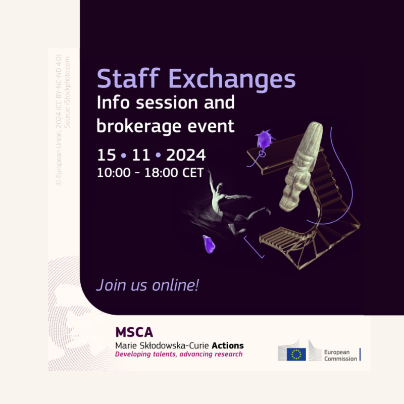 Cartel | Jornada informativa | MSCA Staff Exchanges | 15 noviembre 2024 Aparece una imagen sobre un fondo oscuro en el que aparecen los datos básicos de la sesión junto con una serie de figuras (p.e. un bailarín)