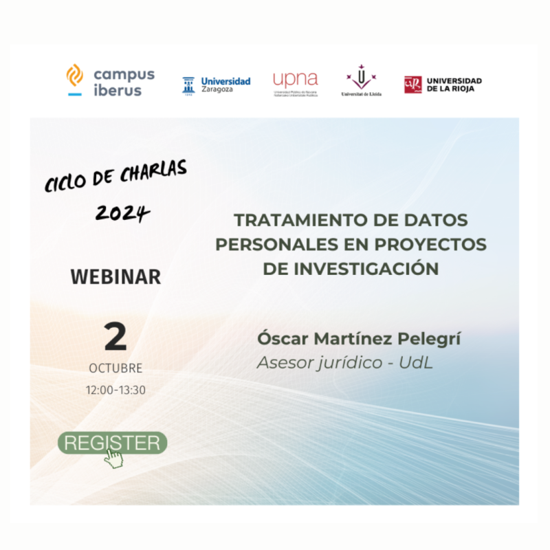 Cartel | Webinario | Tratamiento de datos personales en proyectos de Investigación | 2 octubre 2024 Aparece el cartel del evento en el que se aprecia sobre un fondo claro los datos básicos de la jornada